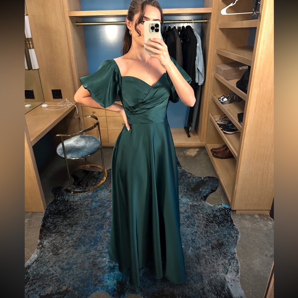 Emerald green satin formal dress